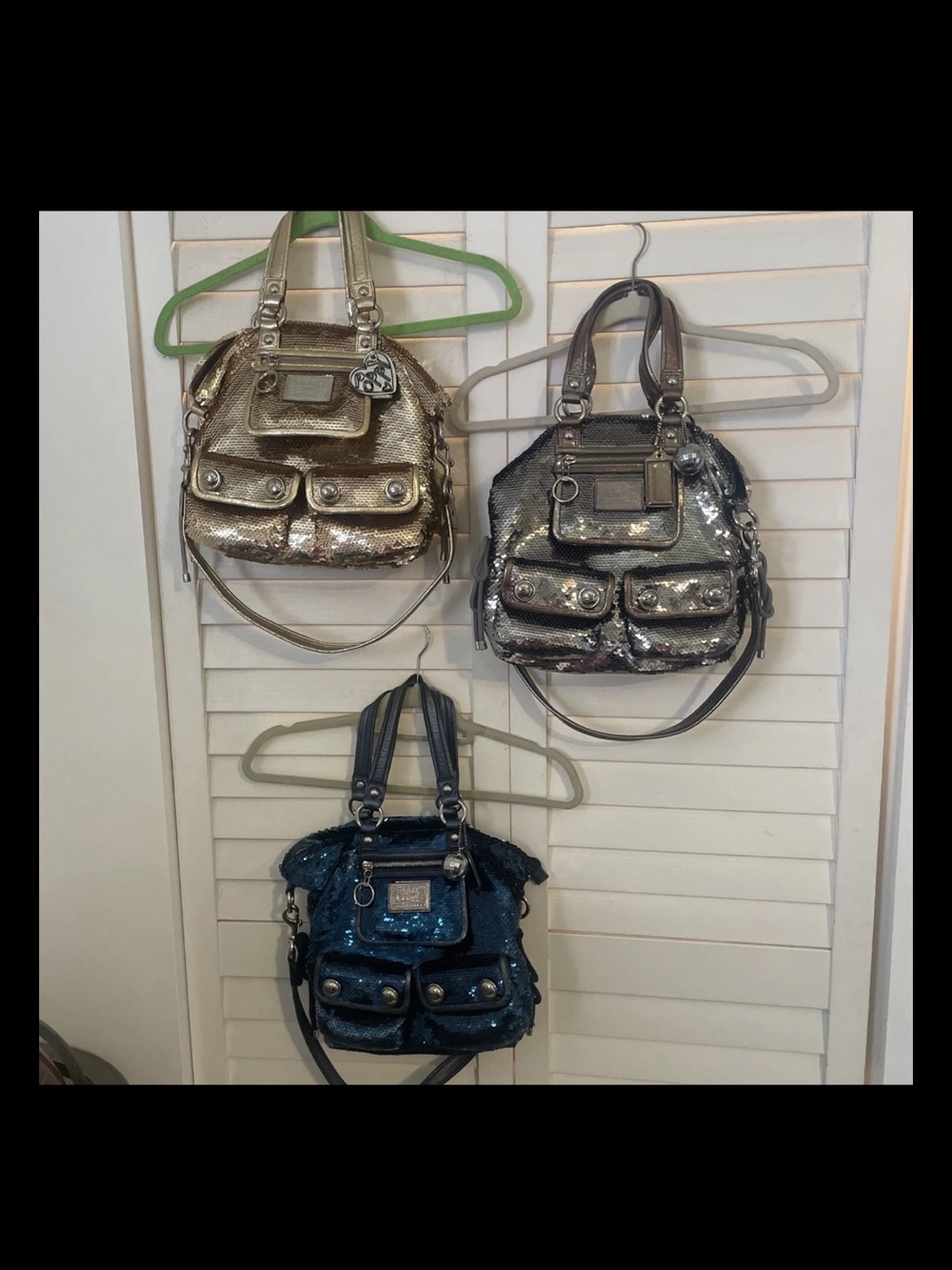 HTF Lot of 3 Coach Poppy Spotlight Sequin Bags:  Dark Silver, Gold,  Blue EUC